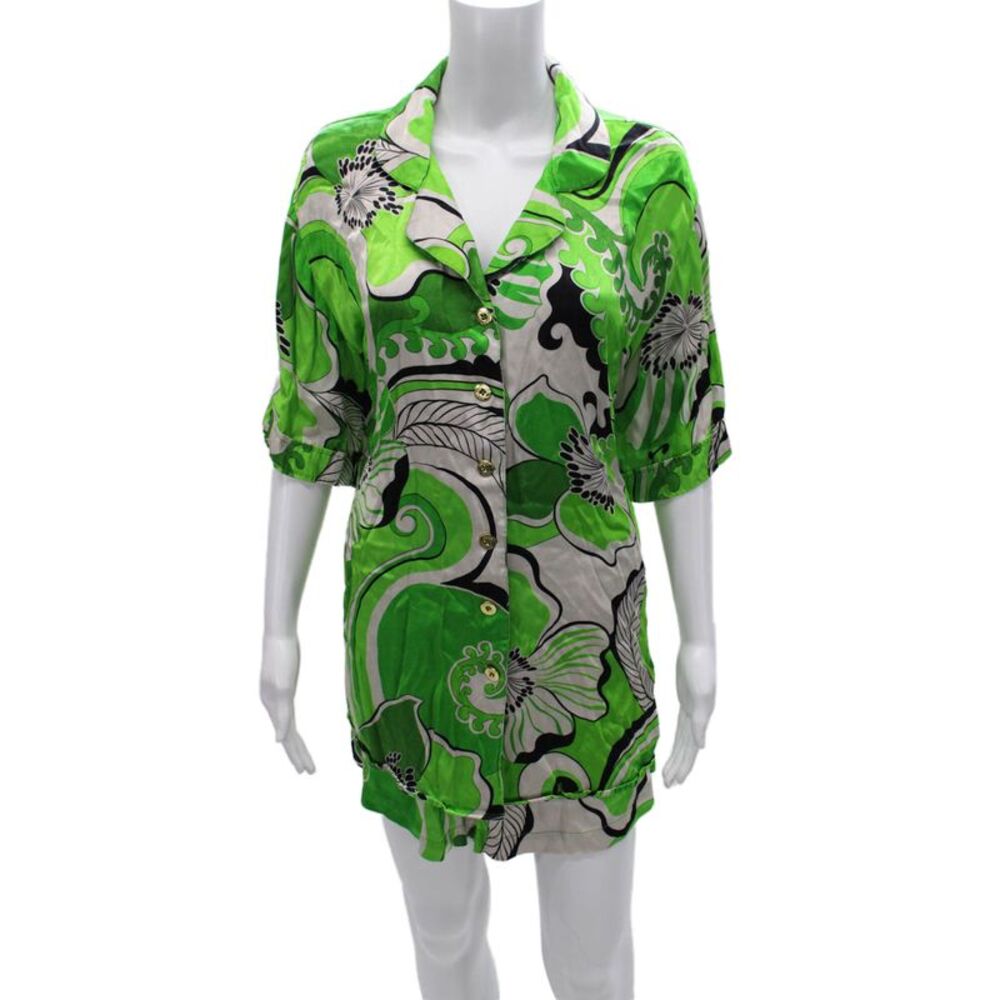 CinCin Women Floral Collared Viscose Set Button 3/4 Sleeve Multicolor Size L